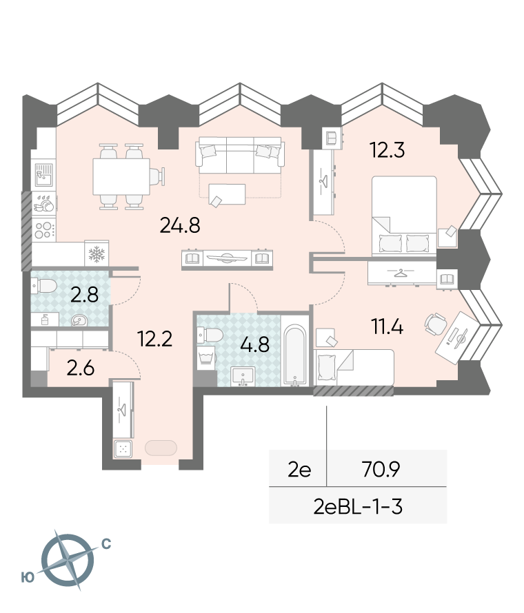 Планировка 2-комн, 70.9 м²