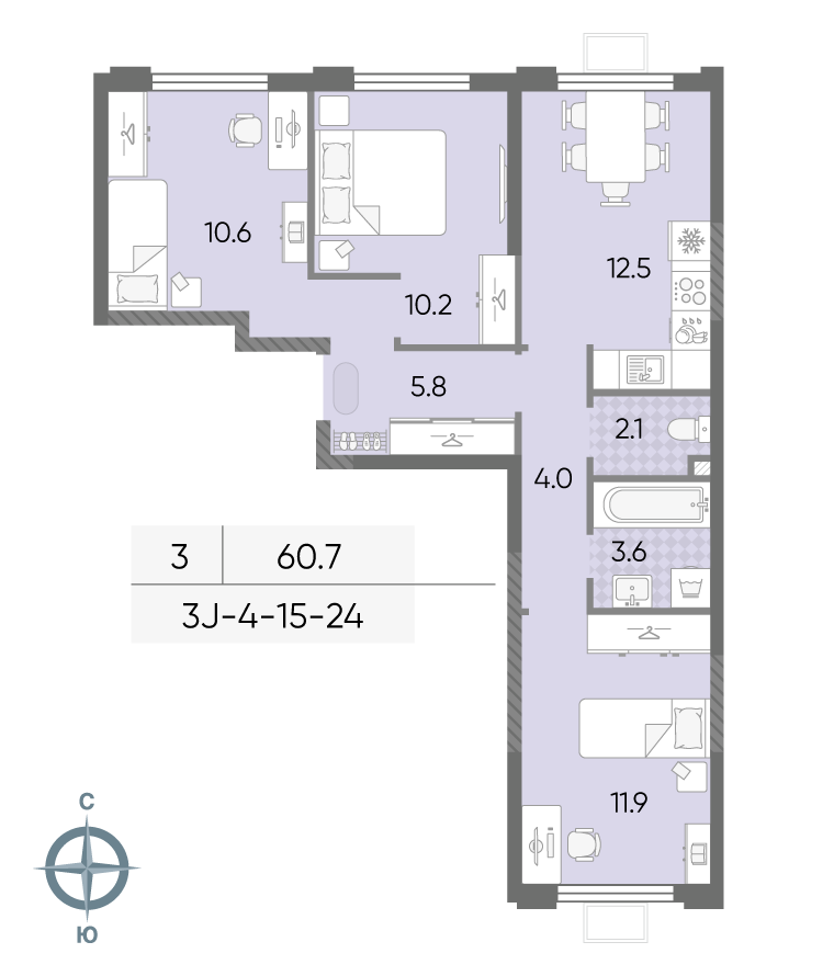 Планировка 3-комн, 60.7 м²