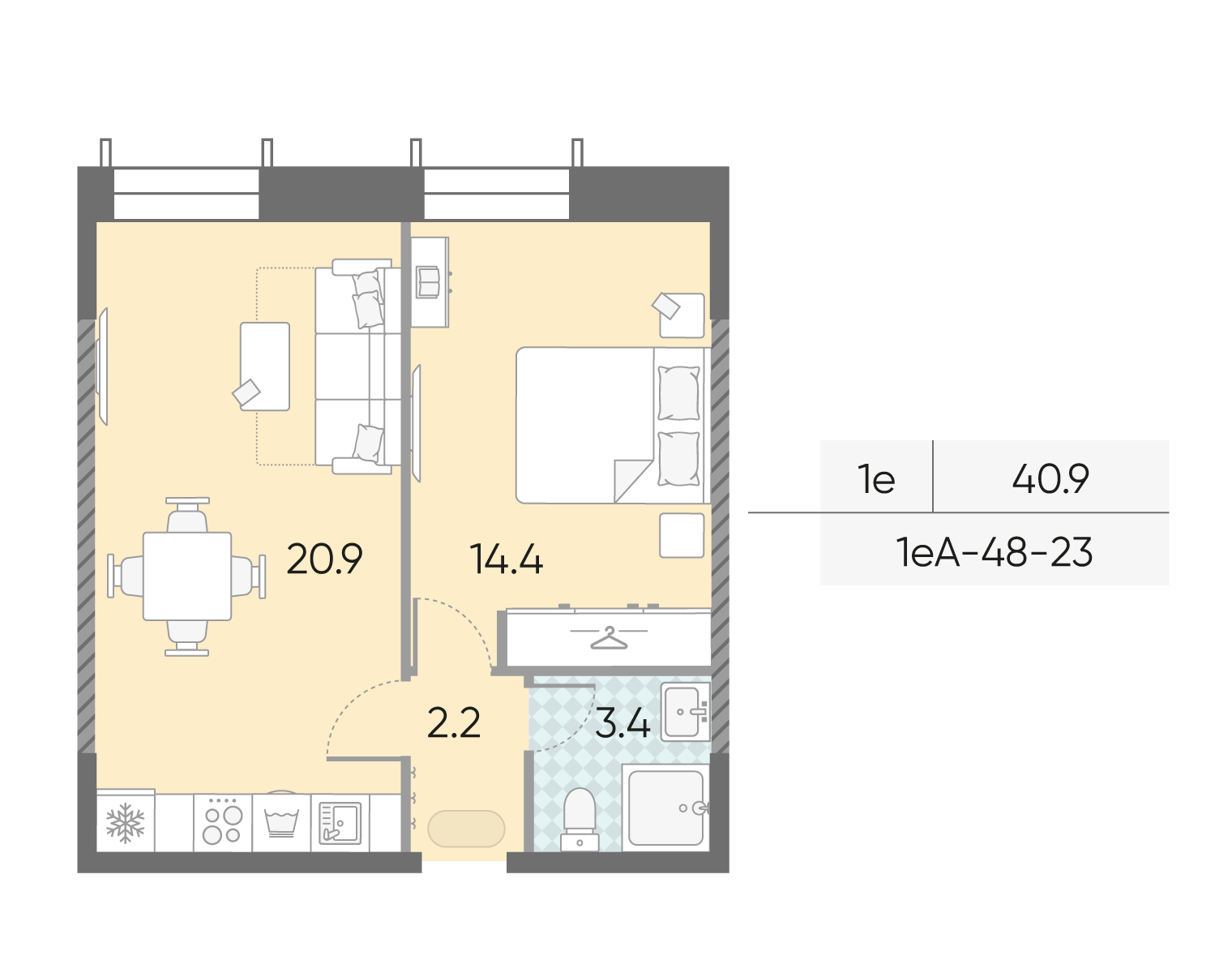 Планировка 1-комн, 40.9 м²