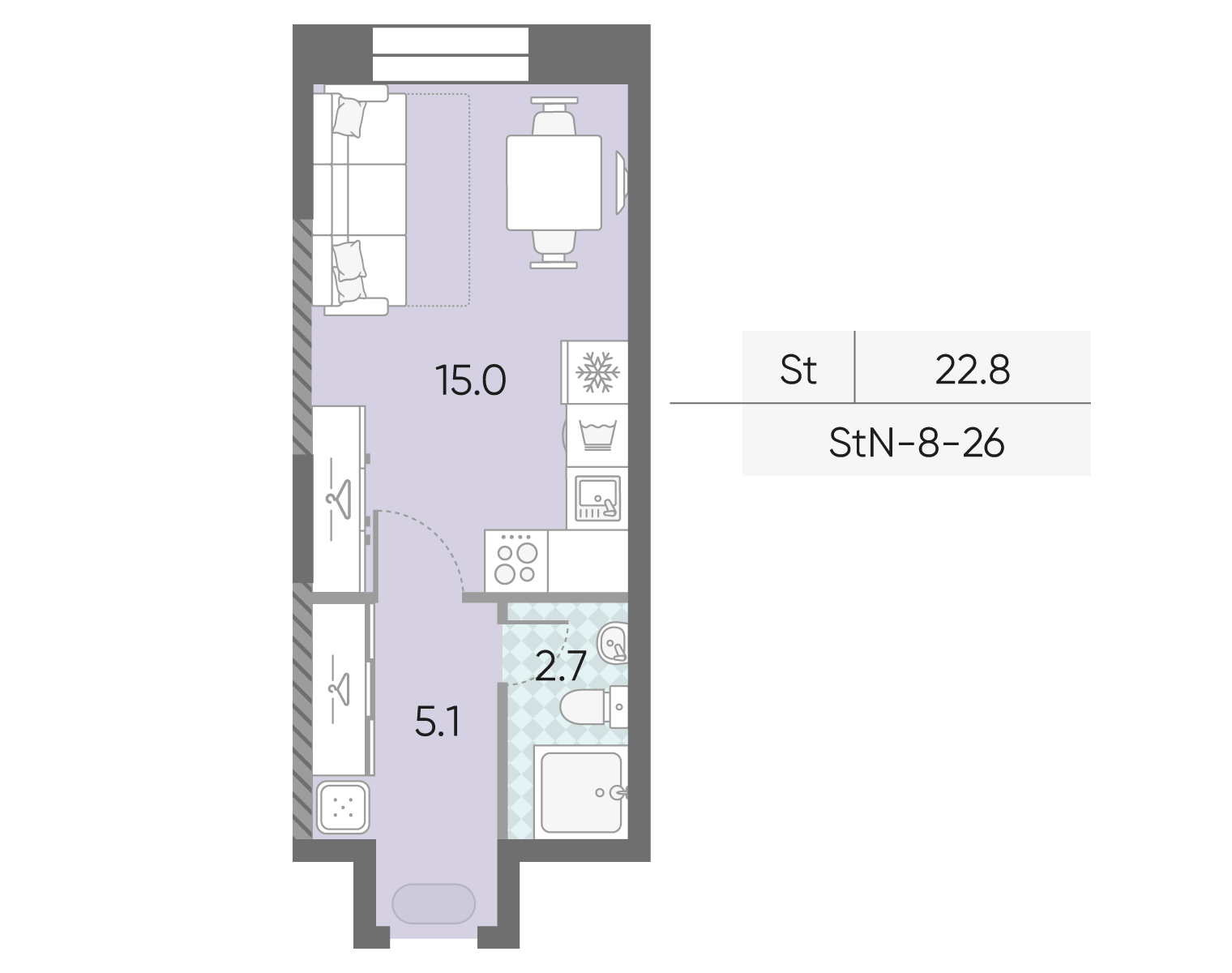 Планировка Студия, 22.8 м²