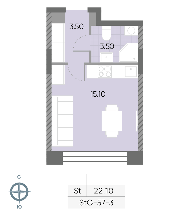 Планировка Студия, 22.1 м²