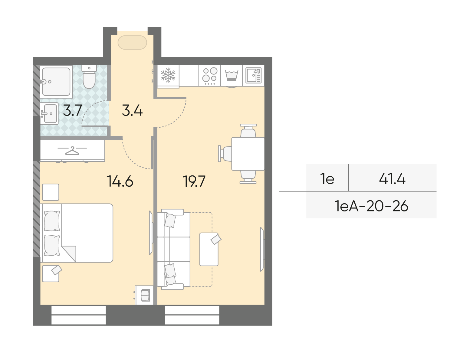 Планировка 1-комн, 41.4 м²