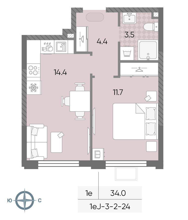 Планировка 1-комн, 34 м²