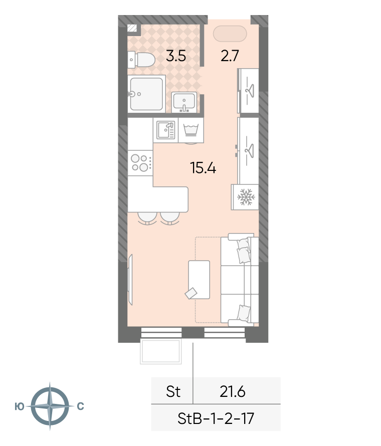 Планировка Студия, 21.6 м²