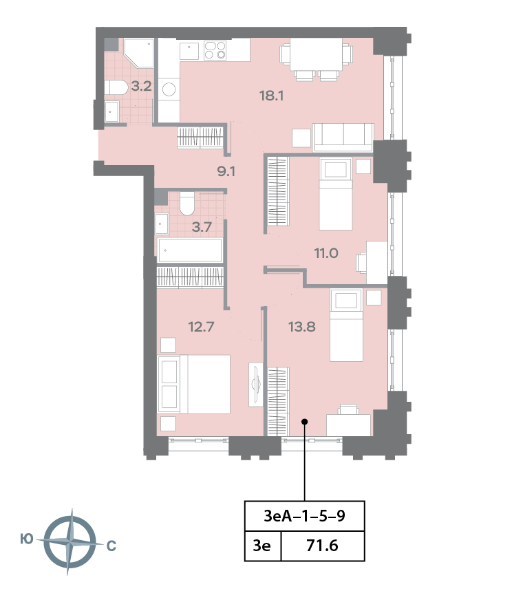 Планировка 3-комн, 71.6 м²