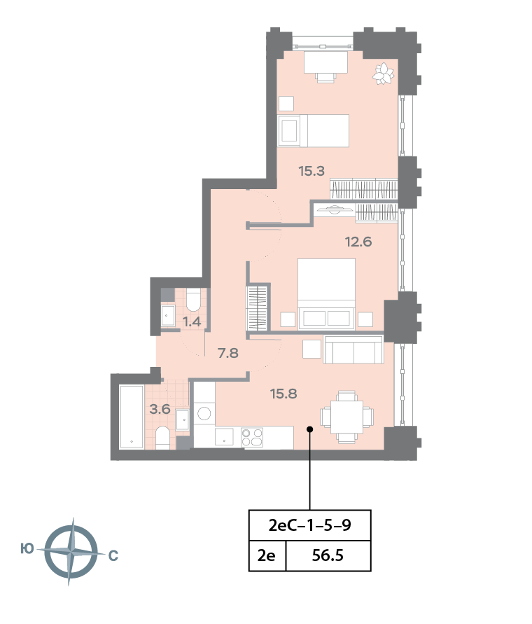 Планировка 2-комн, 57.1 м²