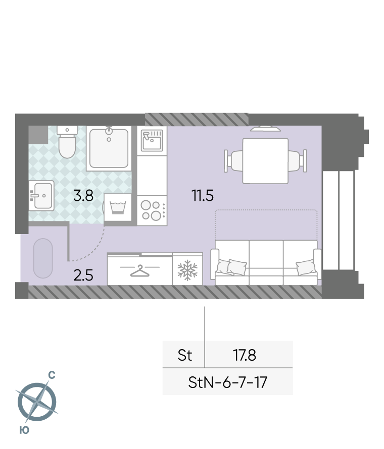 Планировка Студия, 17.8 м²