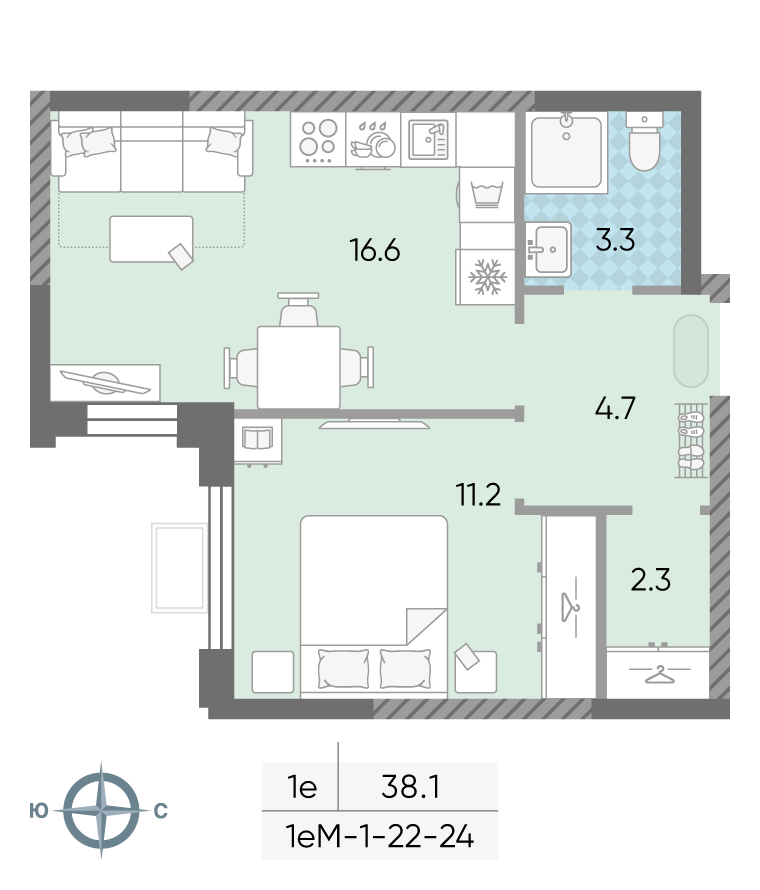 Планировка 1-комн, 38.1 м²