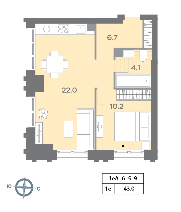Планировка 1-комн, 42.9 м²