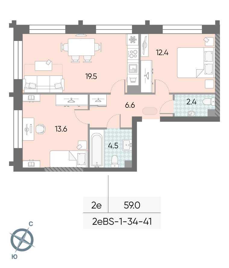 Планировка 2-комн, 59 м²