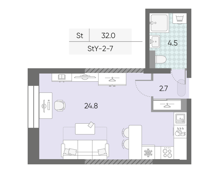 Планировка Студия, 32 м²
