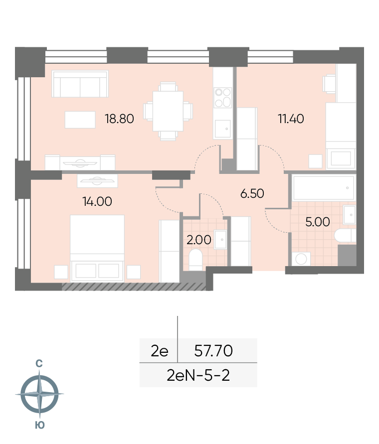 Планировка 2-комн, 57.7 м²