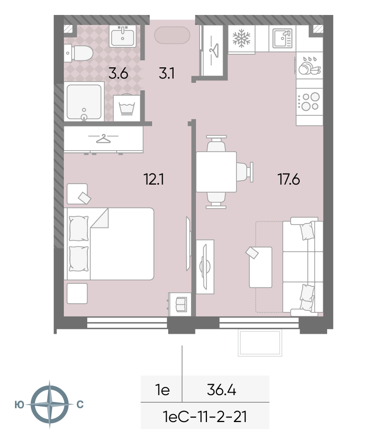 Планировка 1-комн, 36.4 м²