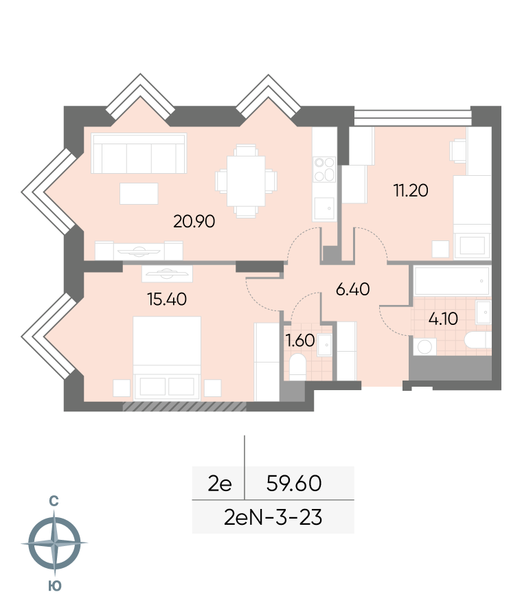 Планировка 2-комн, 59.6 м²