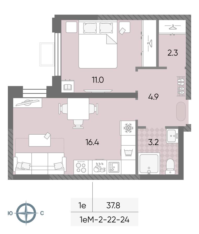 Планировка 1-комн, 37.8 м²
