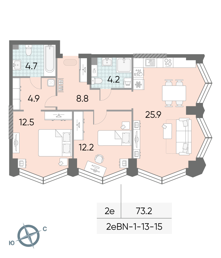 Планировка 2-комн, 73.2 м²