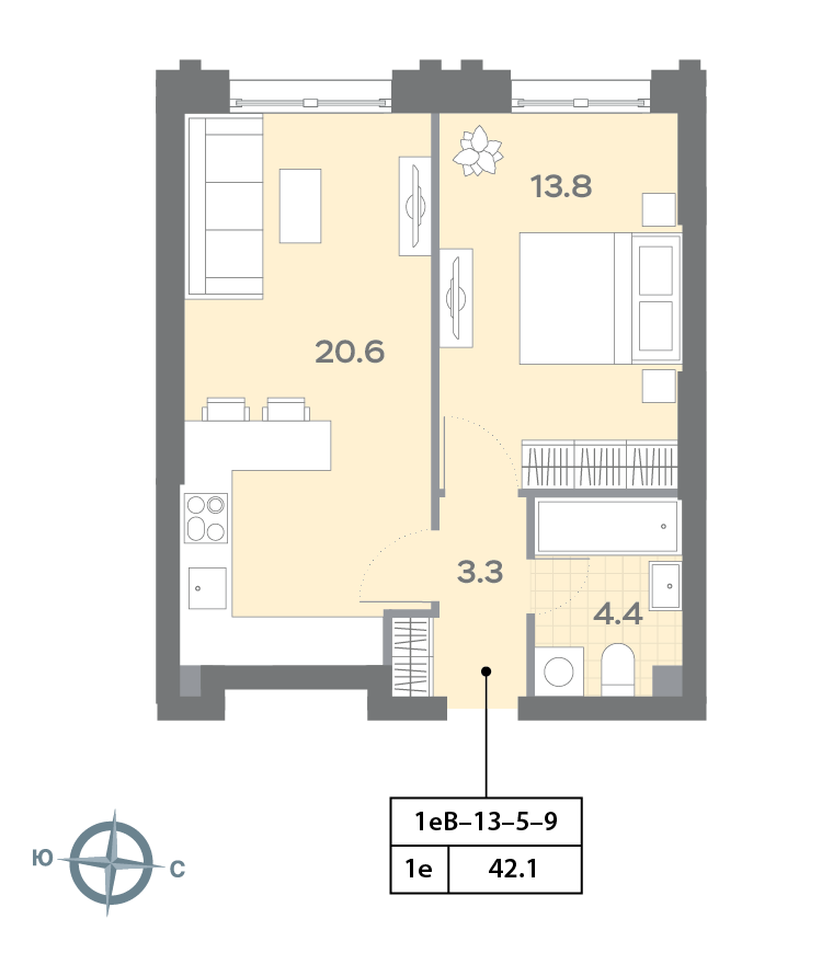 Планировка 1-комн, 42 м²