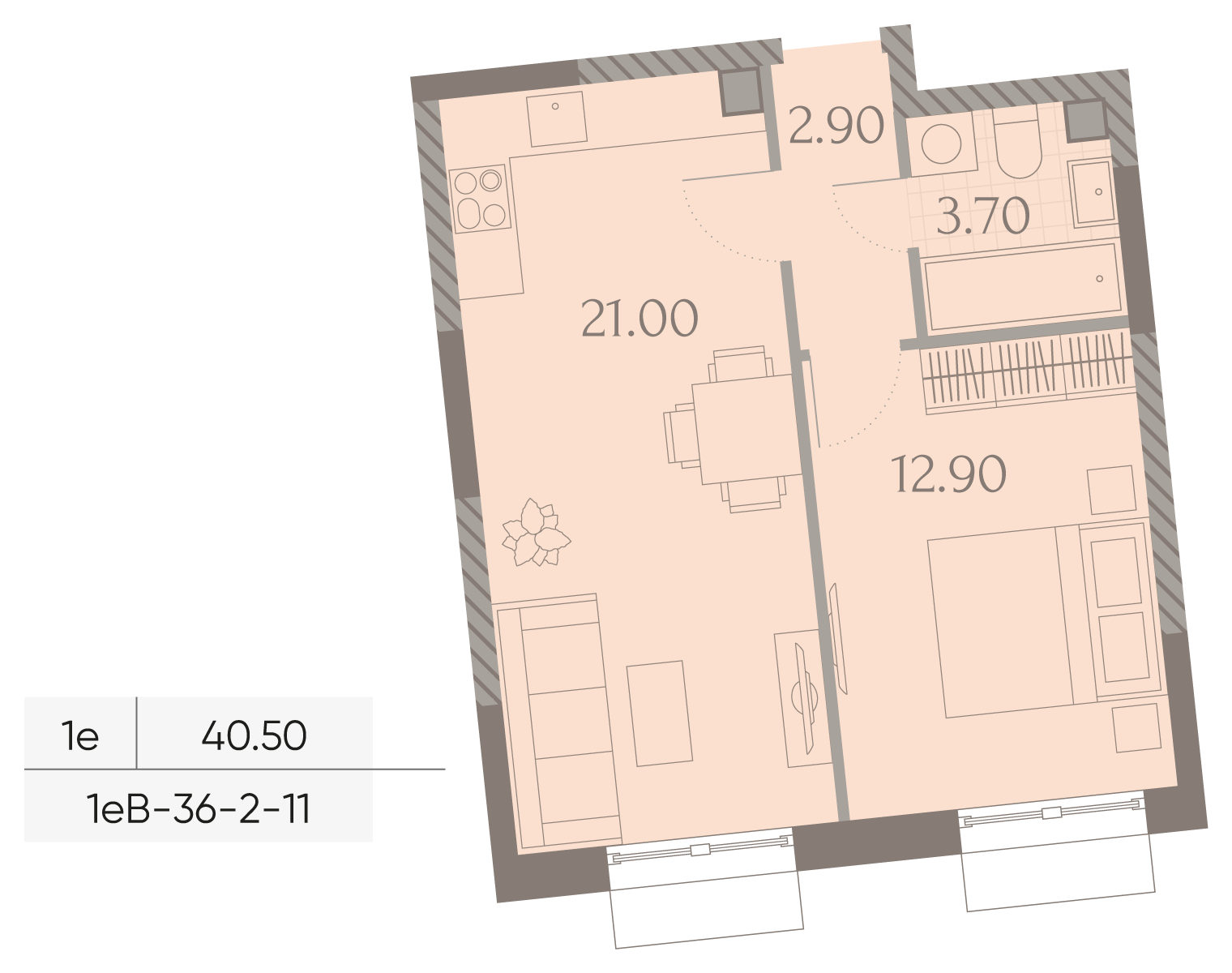 Планировка 1-комн, 40.5 м²