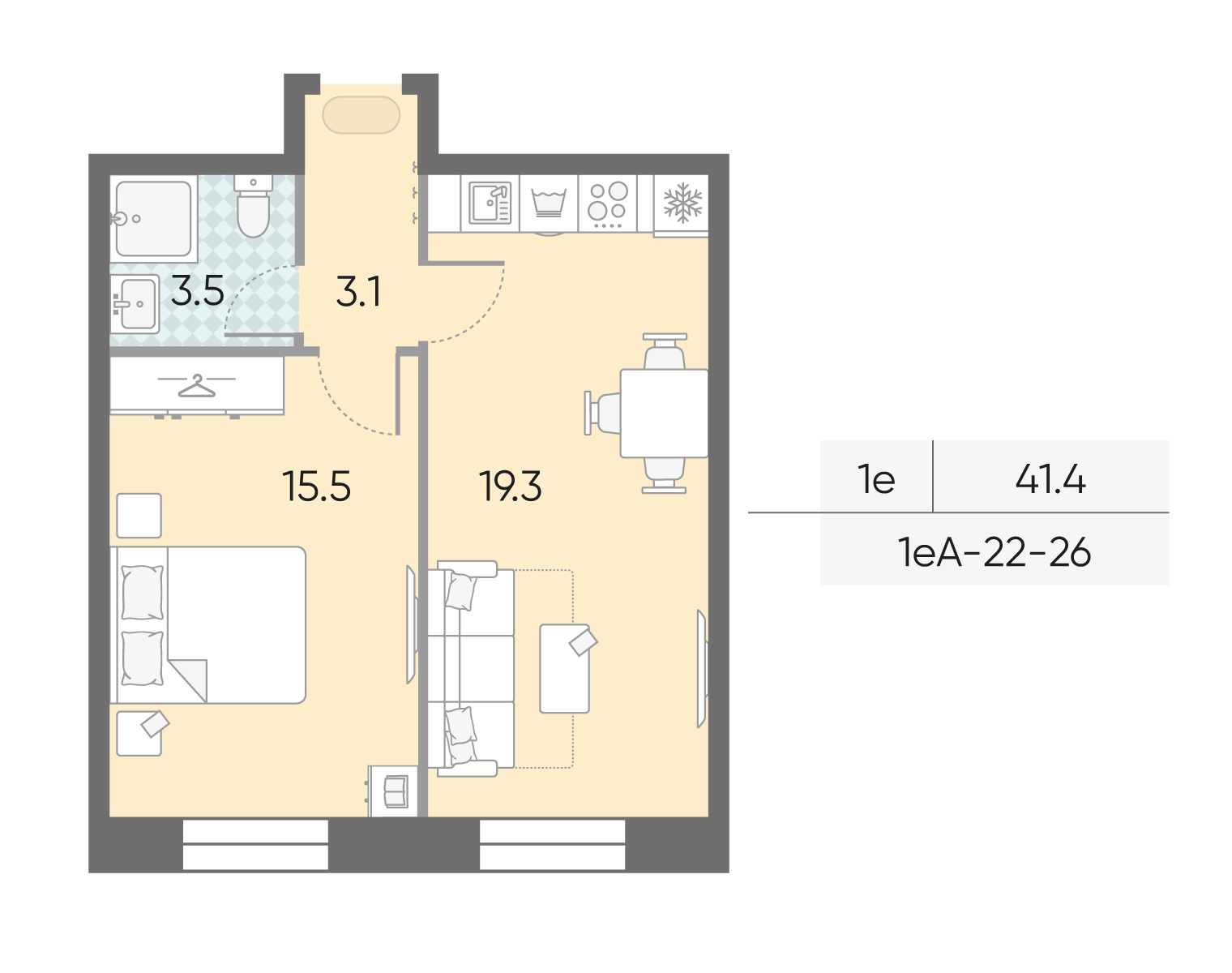 Планировка 1-комн, 41.4 м²