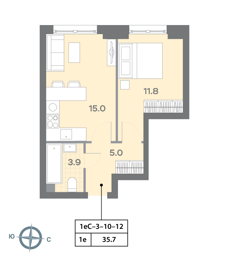 Планировка 1-комн, 35.7 м²