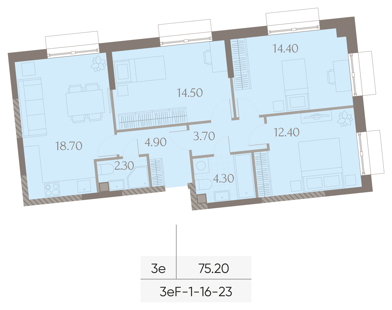 Планировка 3-комн, 75.2 м²