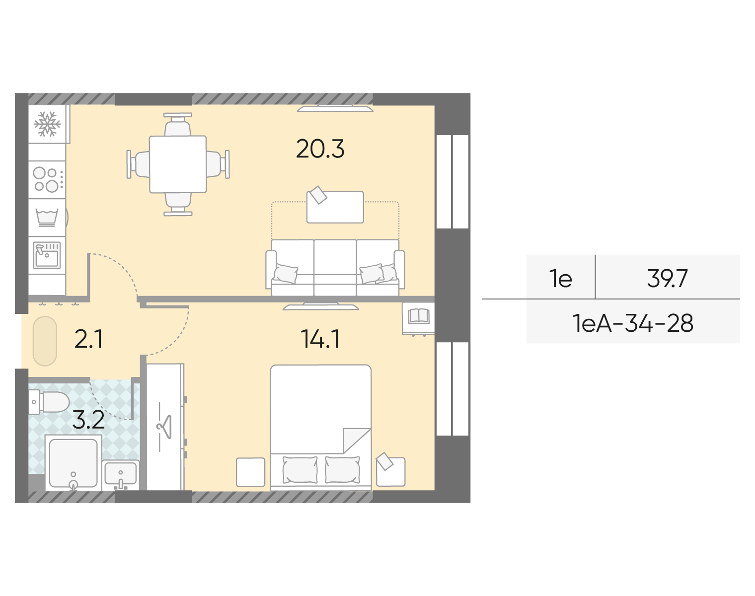 Планировка 1-комн, 39.7 м²
