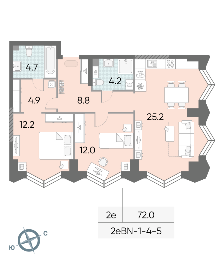 Планировка 2-комн, 72 м²