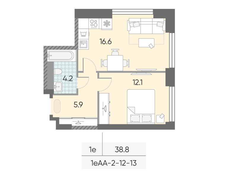 Планировка 1-комн, 38.8 м²