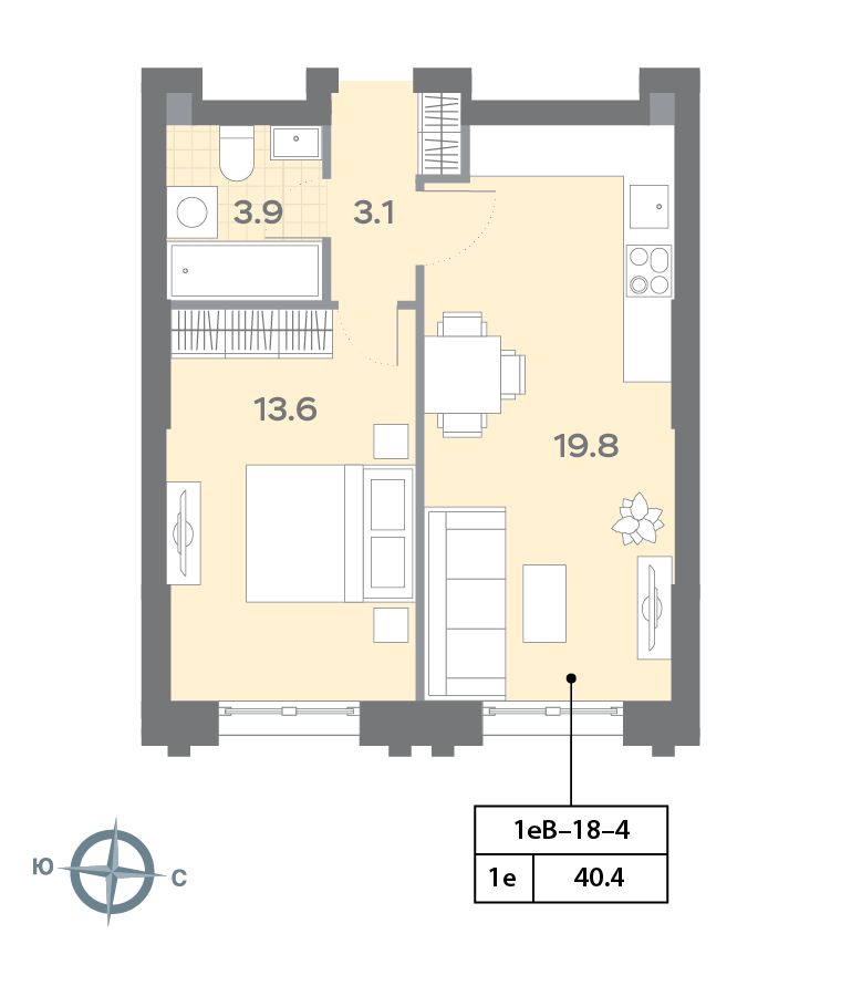 Планировка 1-комн, 40.3 м²