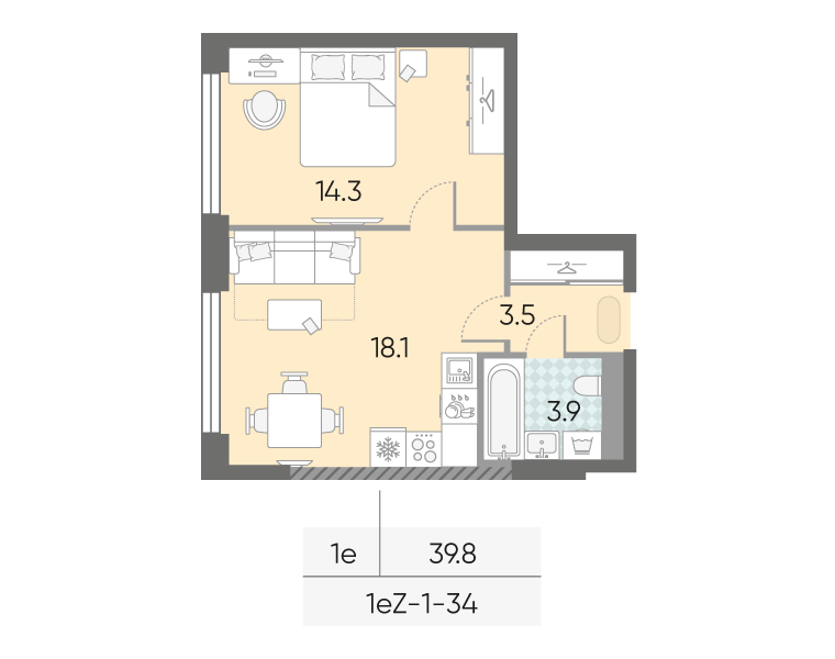 Планировка 1-комн, 39.8 м²