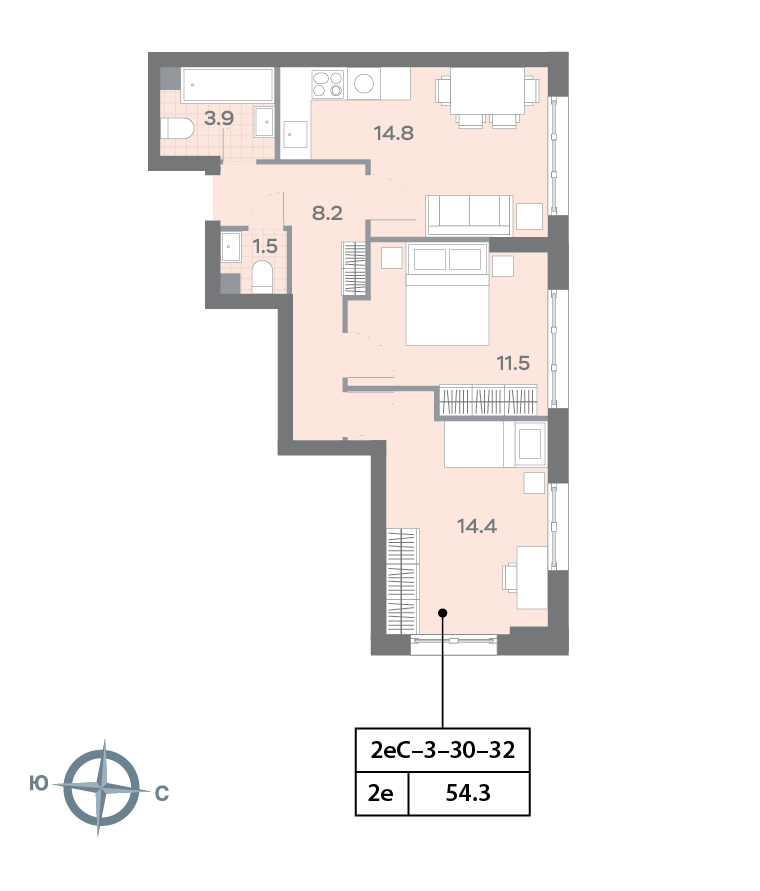 Планировка 2-комн, 54.4 м²