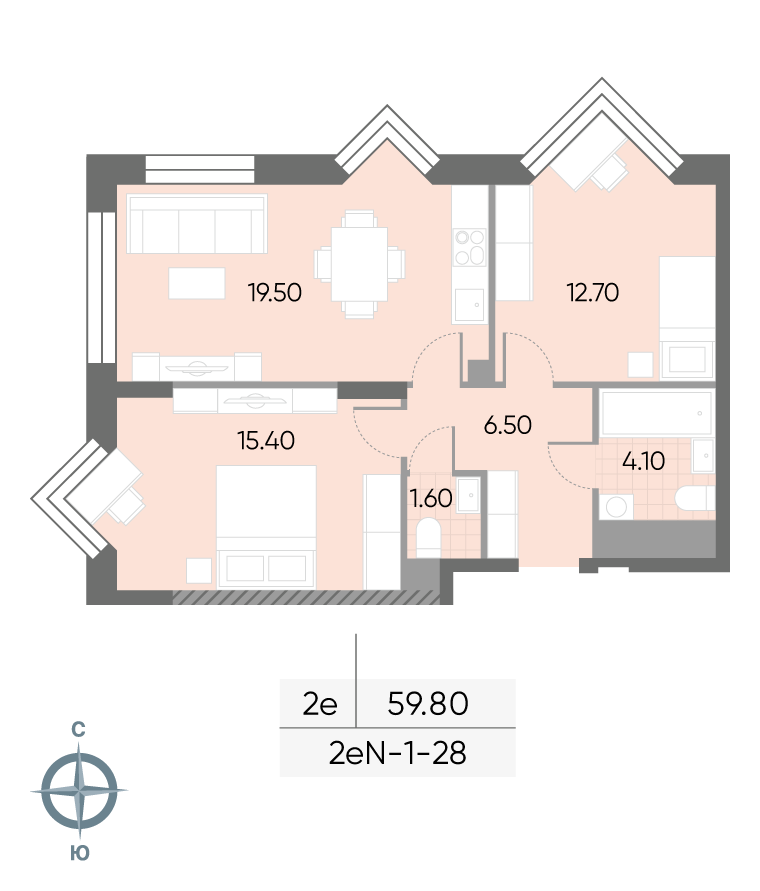 Планировка 2-комн, 59.8 м²