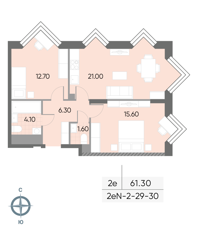 Планировка 2-комн, 61.3 м²