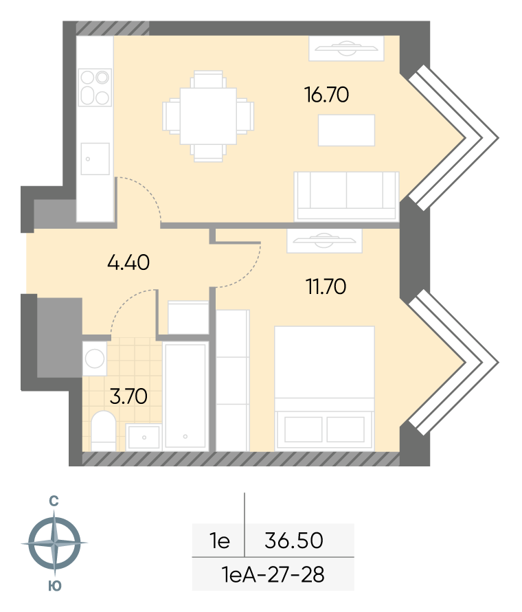 Планировка 1-комн, 36.5 м²
