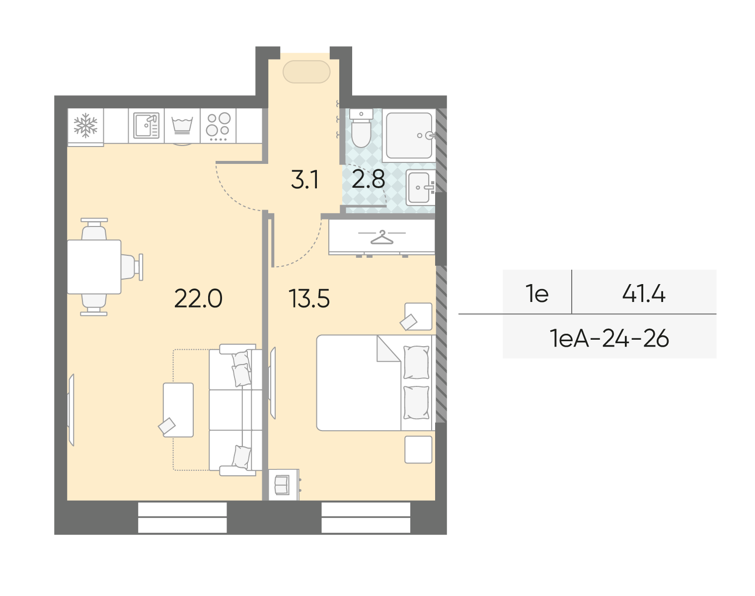 Планировка 1-комн, 41.4 м²