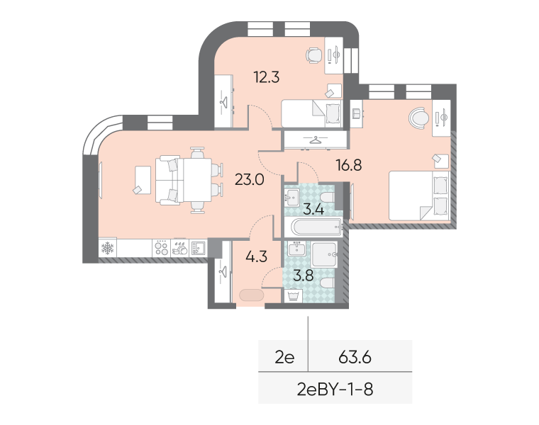 Планировка 2-комн, 63.6 м²