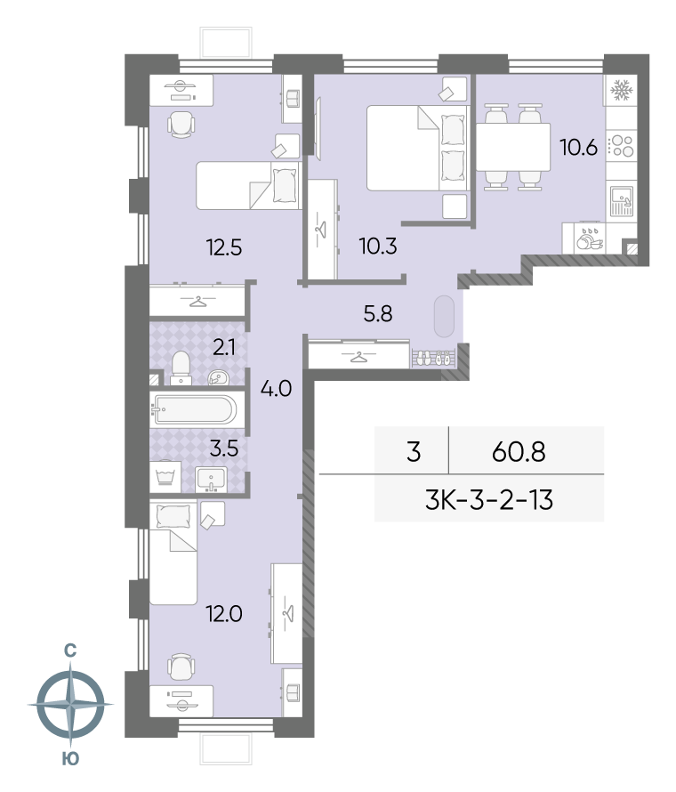Планировка 3-комн, 60.8 м²