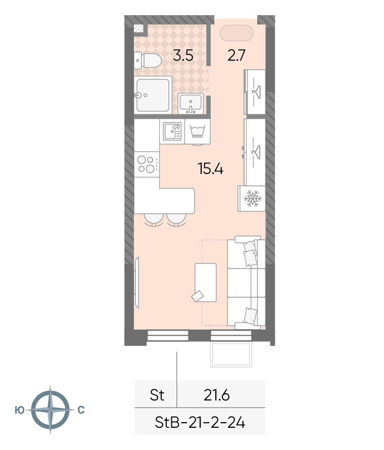 Планировка Студия, 21.6 м²