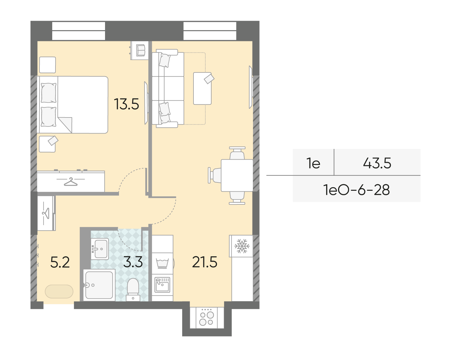 Планировка 1-комн, 43.5 м²