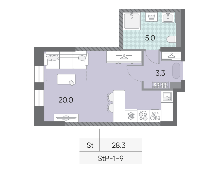Планировка Студия, 28.3 м²