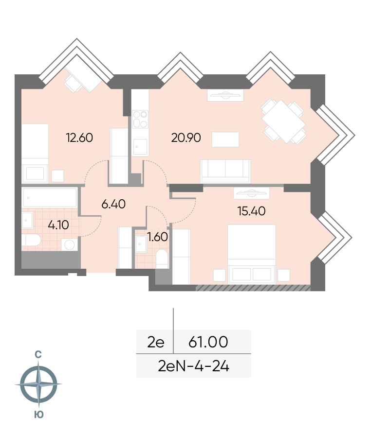 Планировка 2-комн, 61 м²