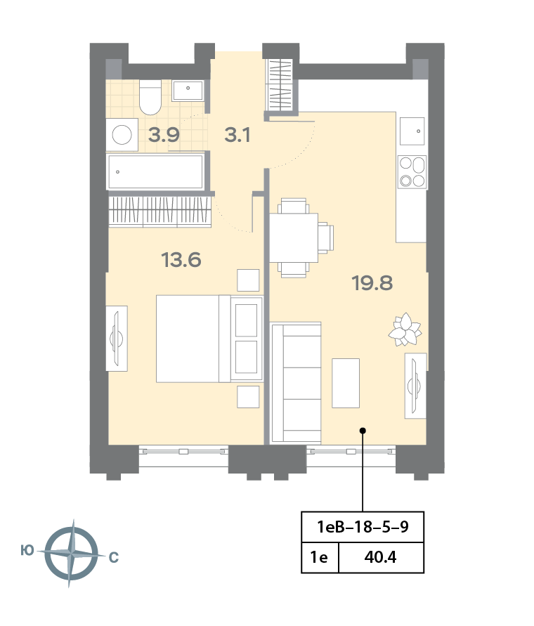 Планировка 1-комн, 40.3 м²
