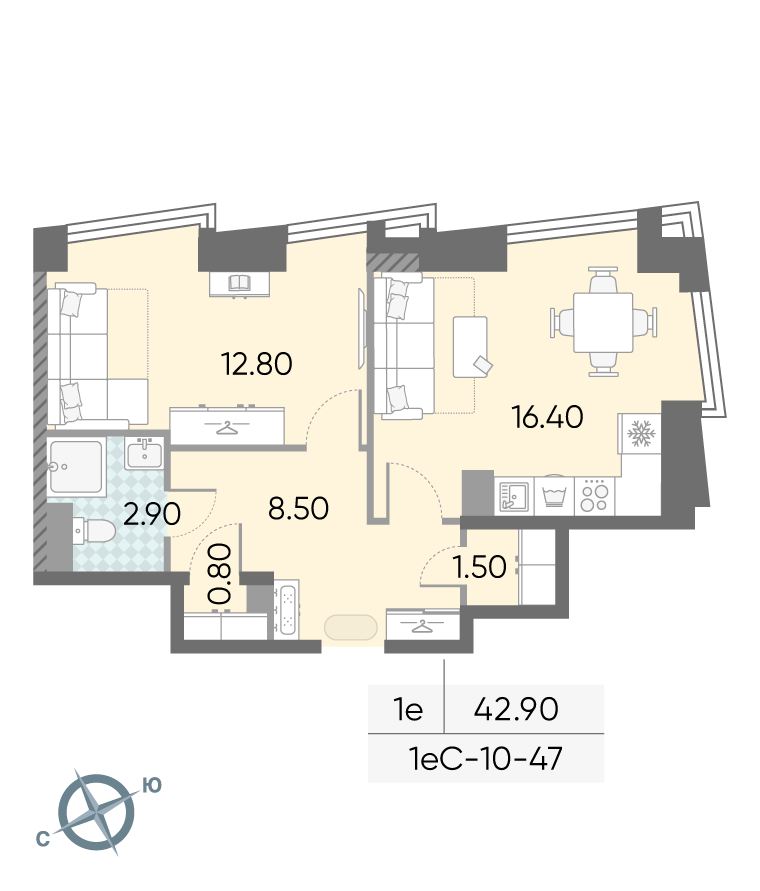 Планировка 1-комн, 42.9 м²