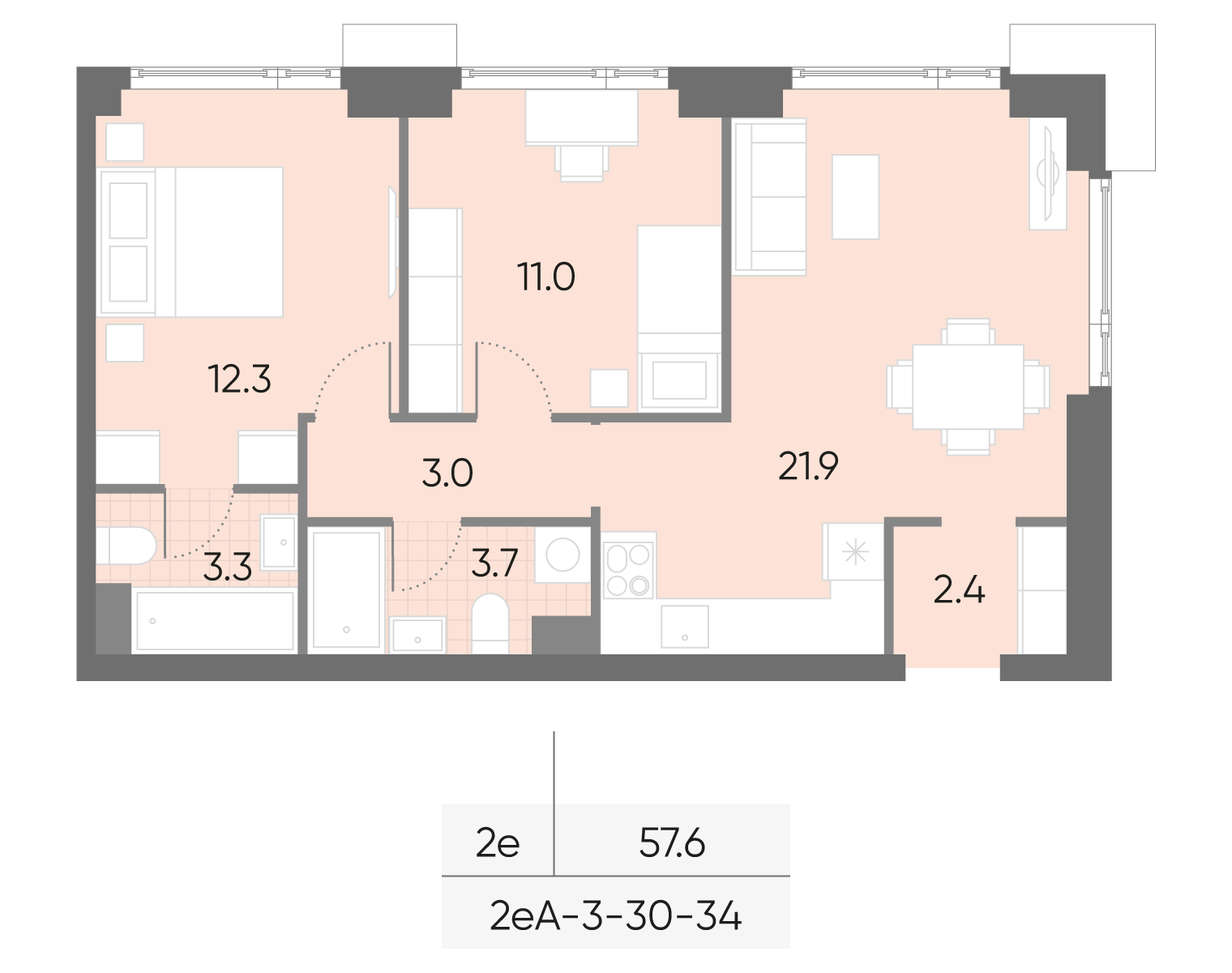 Планировка 2-комн, 57.6 м²