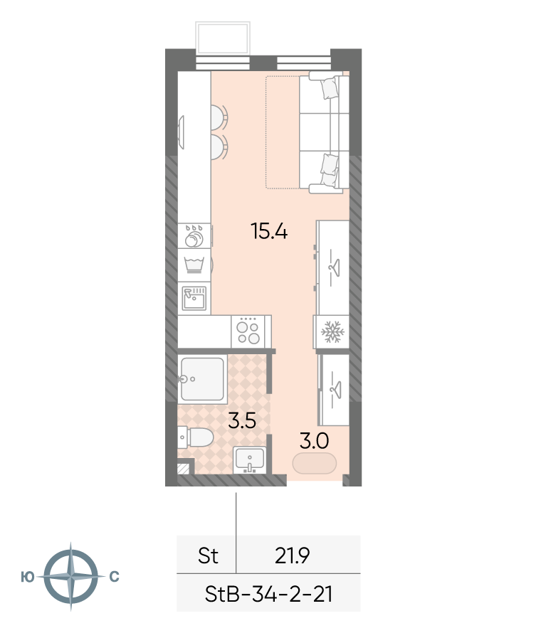 Планировка Студия, 21.9 м²