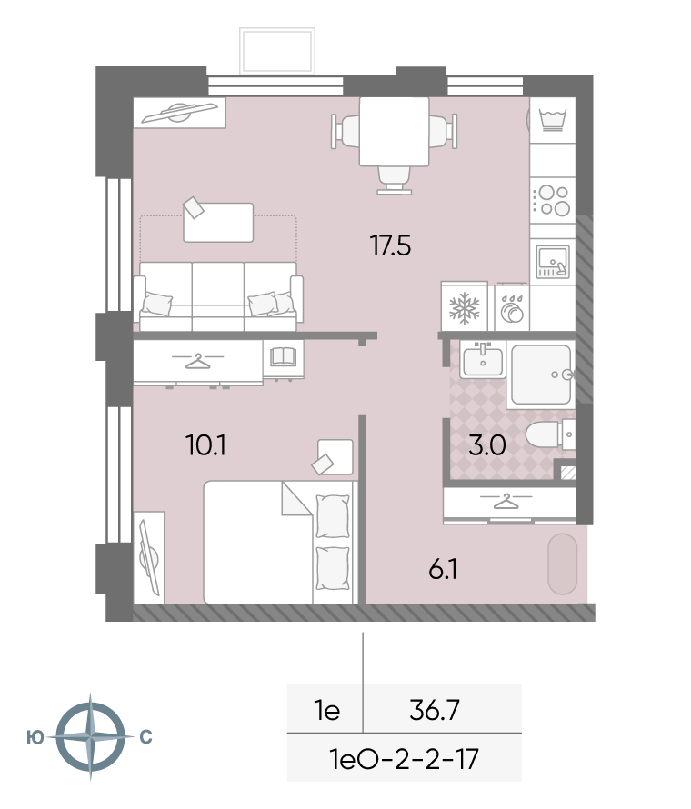 Планировка 1-комн, 36.7 м²