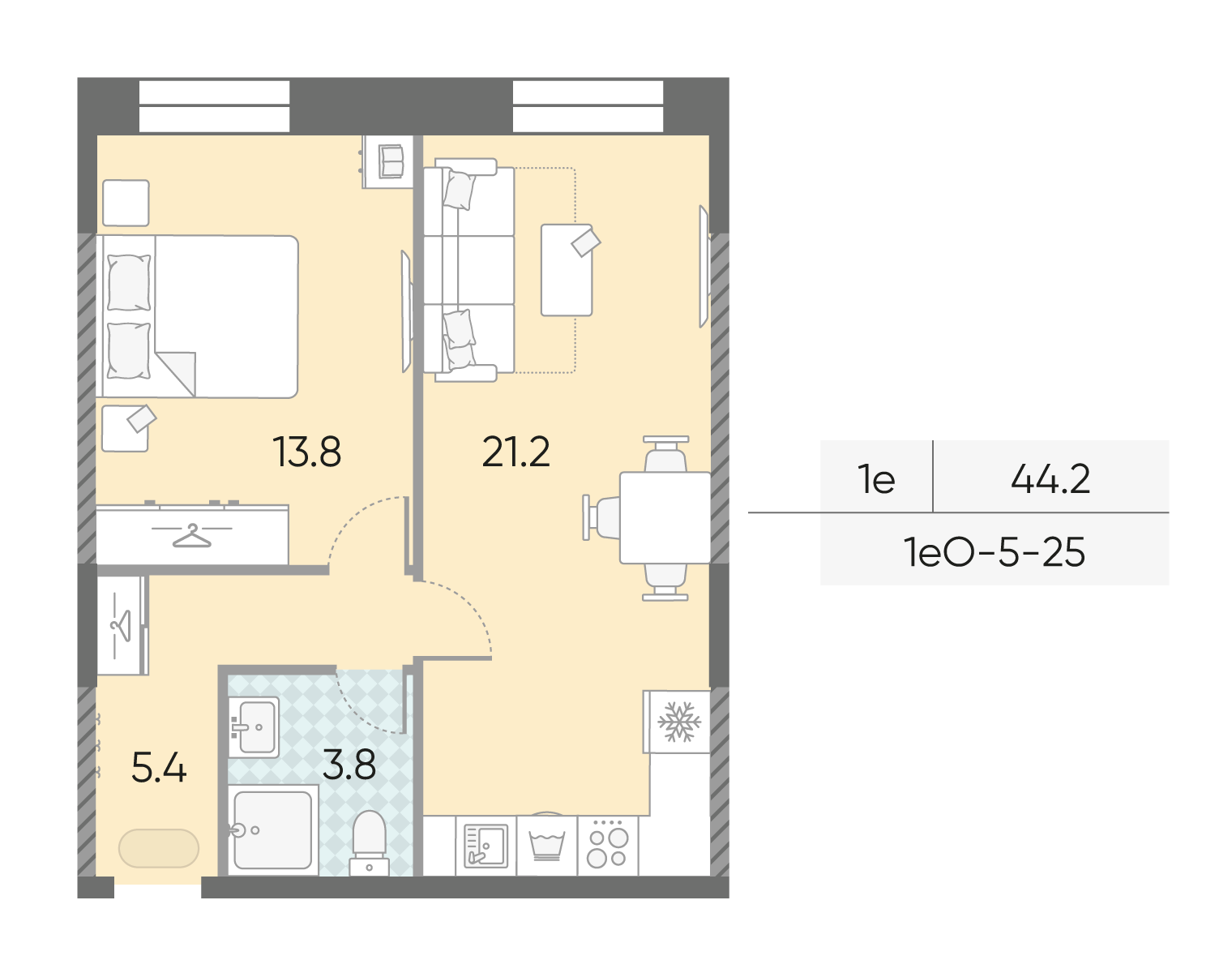 Планировка 1-комн, 44.2 м²