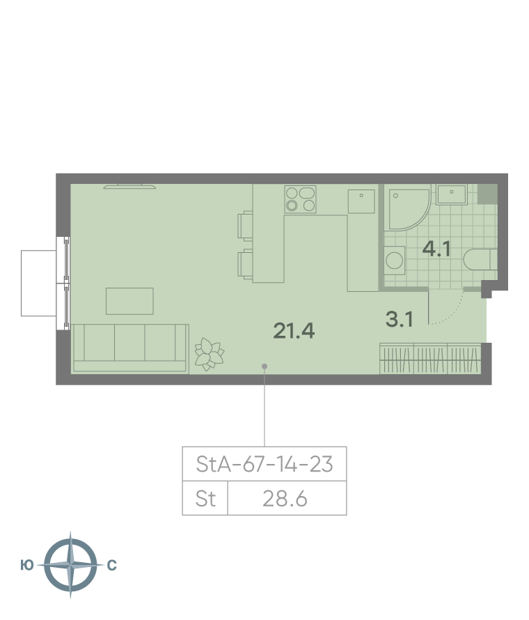 Планировка Студия, 28.6 м²