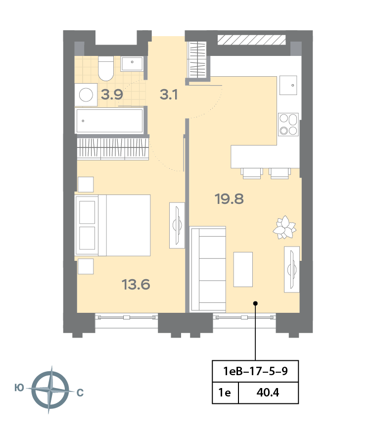 Планировка 1-комн, 40.4 м²