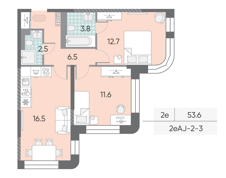 Планировка 2-комн, 53.6 м²